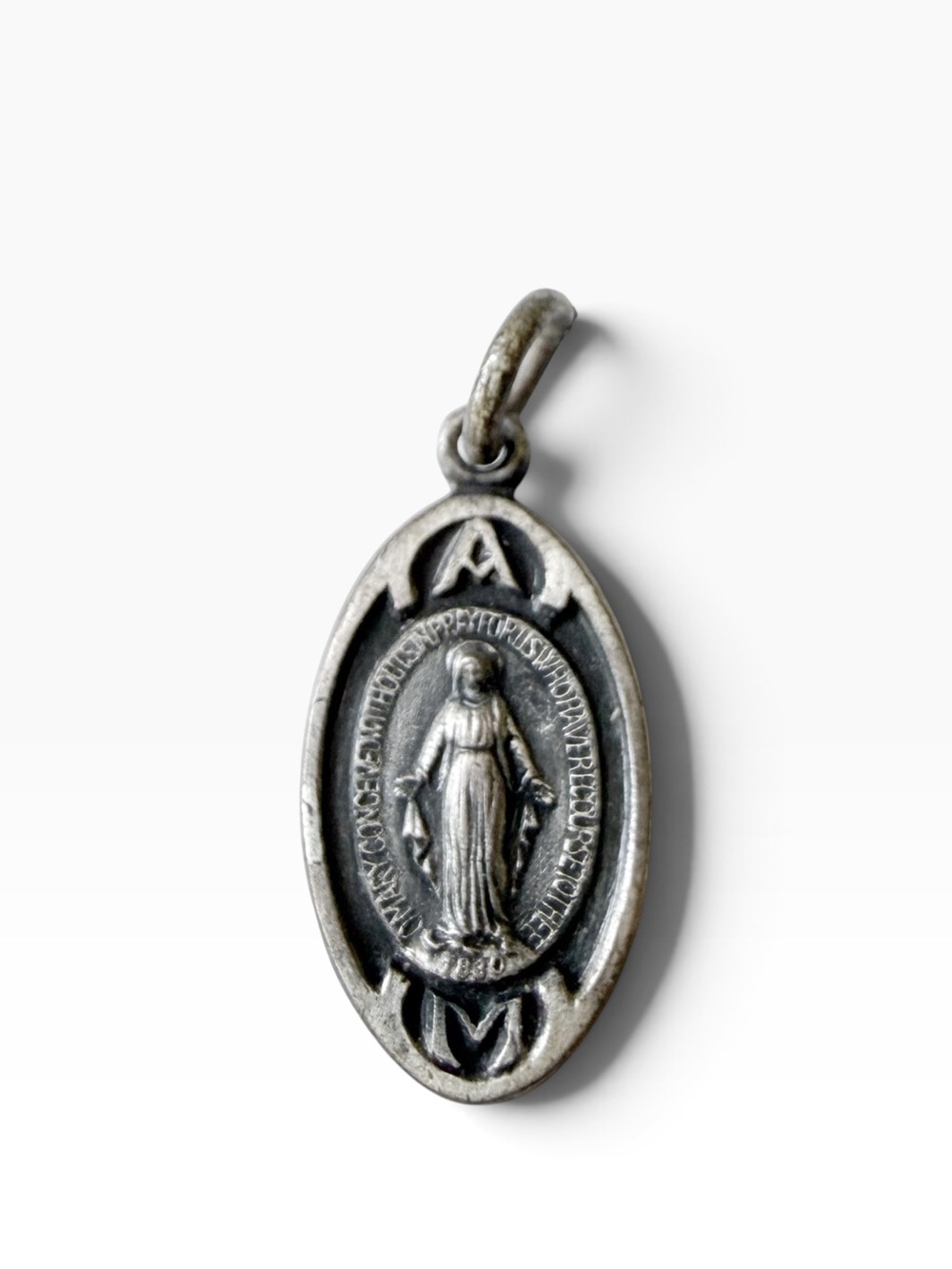 Vintage Virgin Mary Miraculous Medal Oval Silvertone Religious Medal Charm